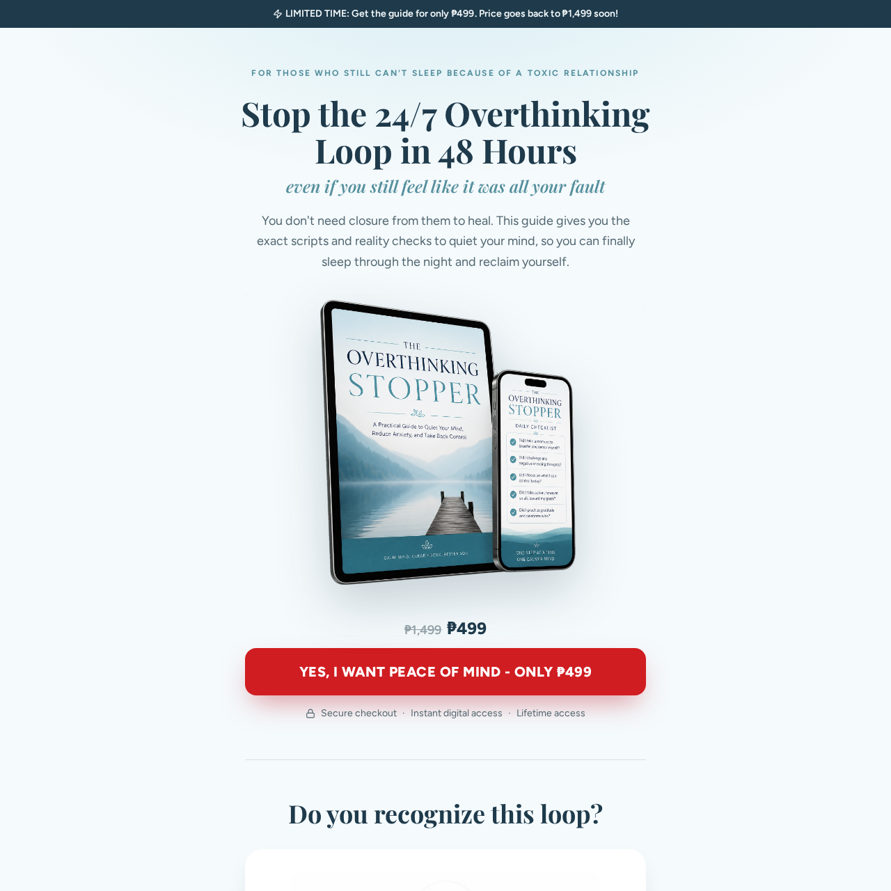 Screenshot of the Overthinker Stopper digital product landing page