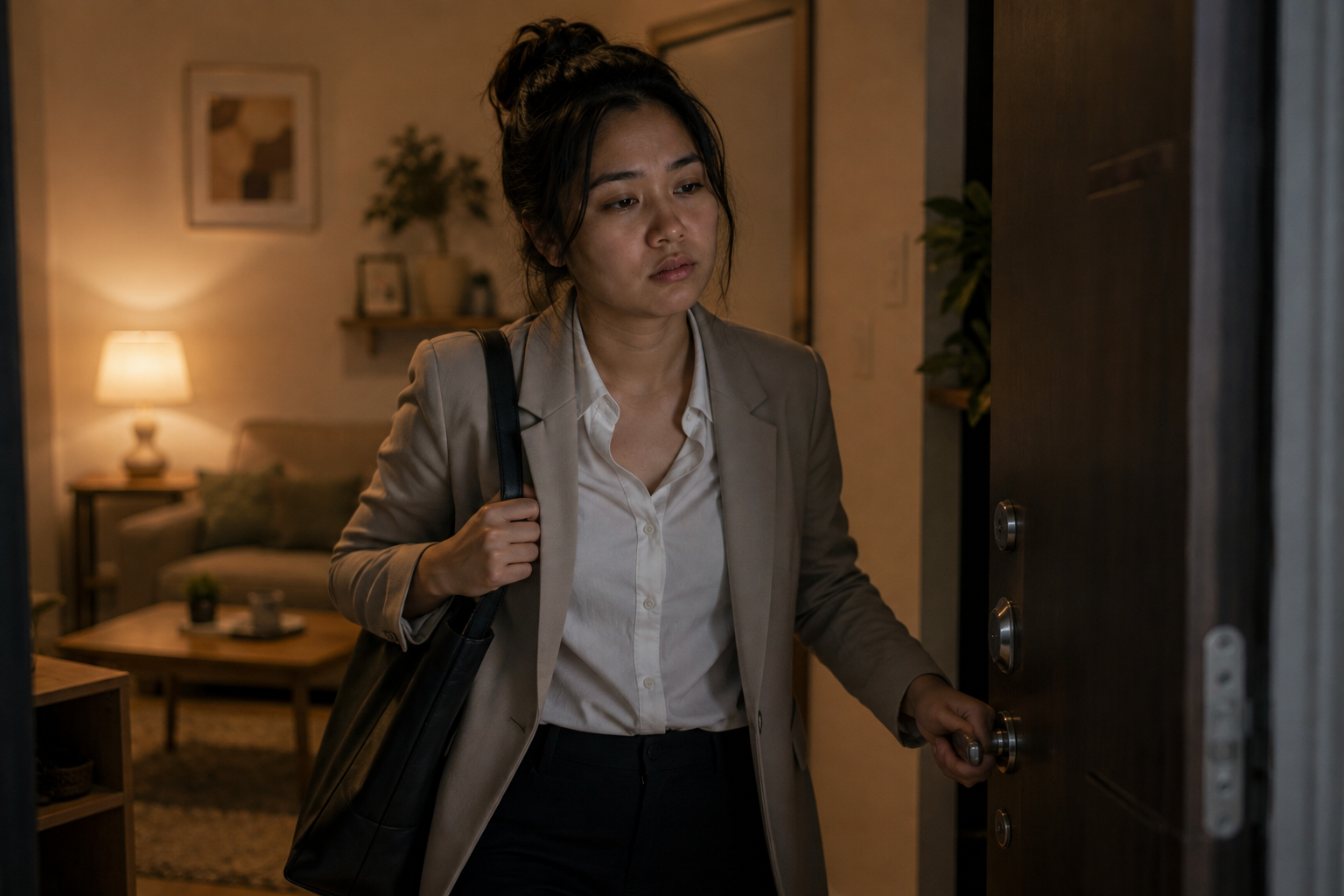 A tired Filipina professional arriving home after a long day, still carrying work stress